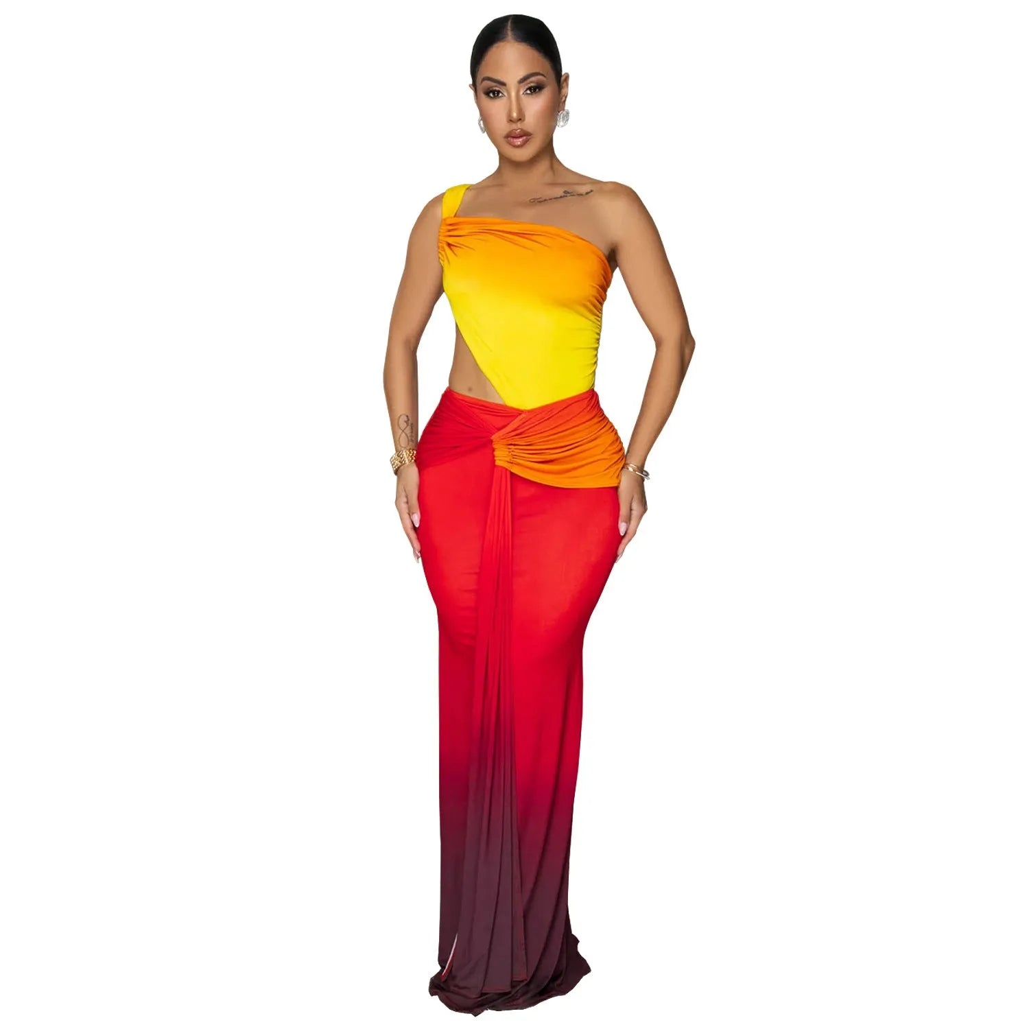Women's gradient colour sleeveless dress with a cross-shoulder neckline and long A-line skirt.