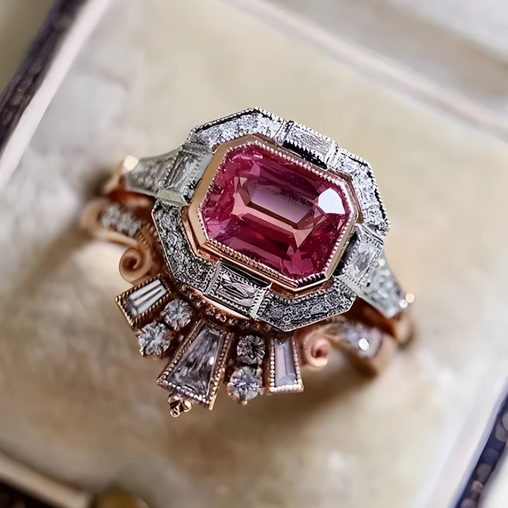 Rose gold coloured alloy women's ring with a geometric retro design and ruby-style details on a white background.