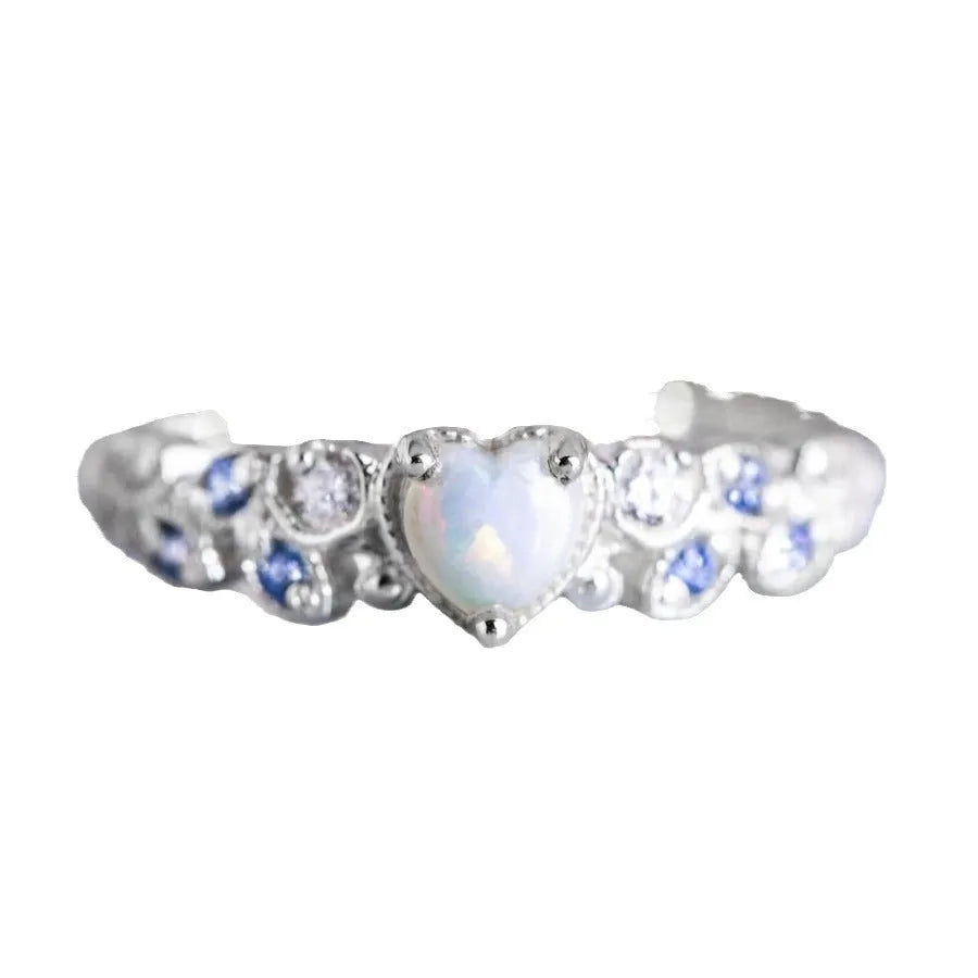 White alloy women's ring with a heart shape and floral opal ocean design.