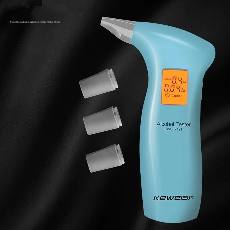 Handheld portable breath alcohol tester with orange light display and disposable mouthpieces.