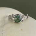 S925 silver plated green moss stone agate open ring for women, adjustable size, geometric round design