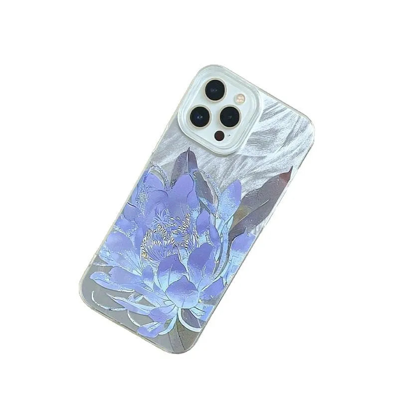 Transparent blue lotus fairy pattern iPhone hard case showing front and back views