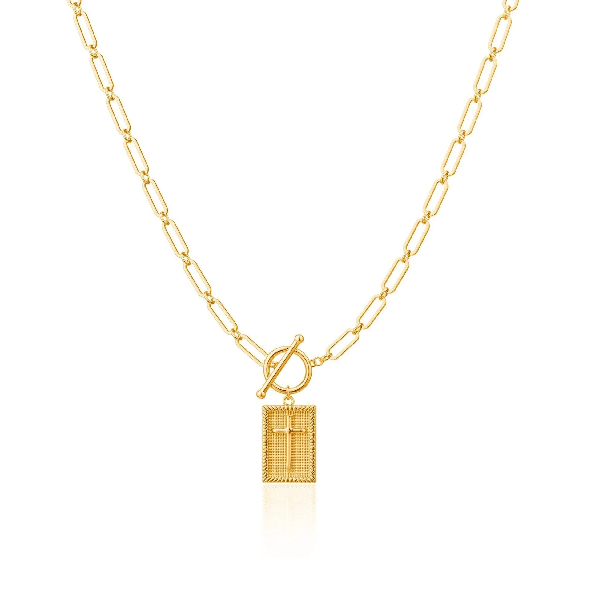 Gold stainless steel clip necklace with cross and square pendant on clip chain