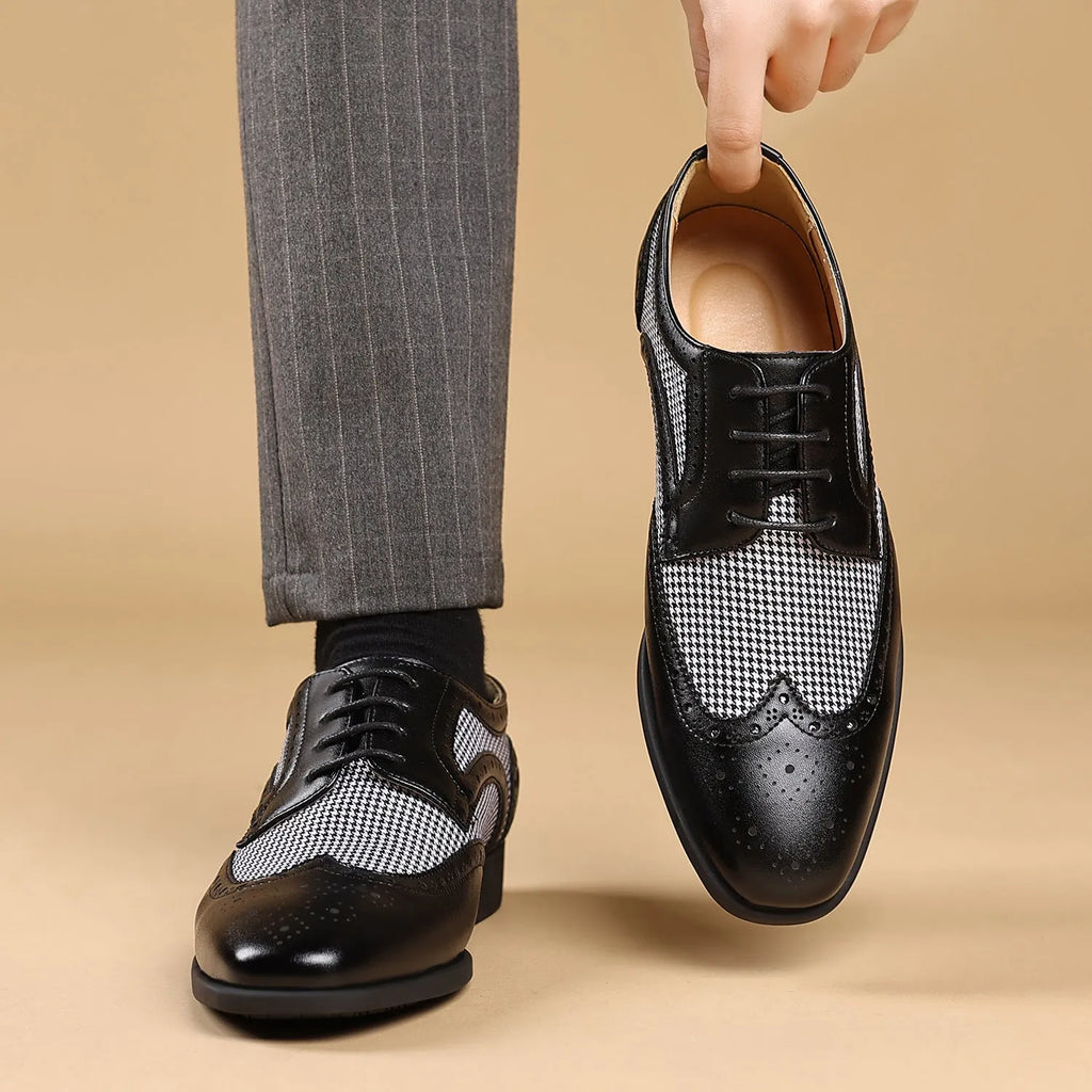 Men's casual leather shoes with houndstooth plaid pattern in black, brown, wine red or yellow colours