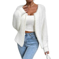 White polyester V-neck cardigan sweater for women with medium thickness and normal length
