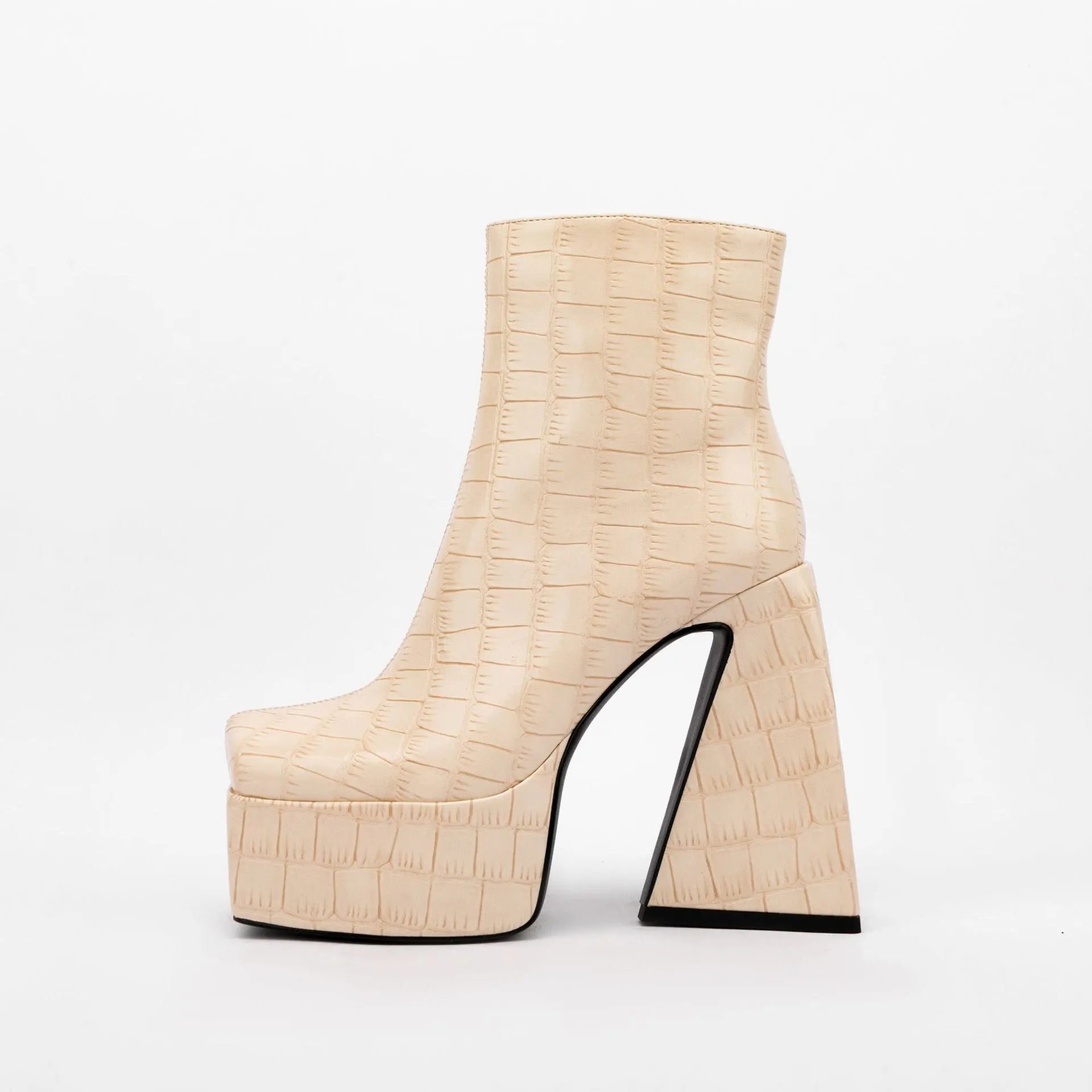 Women's high-heel ankle boot in artificial PU leather, shown in a solid colour with a heel above 8 cm.