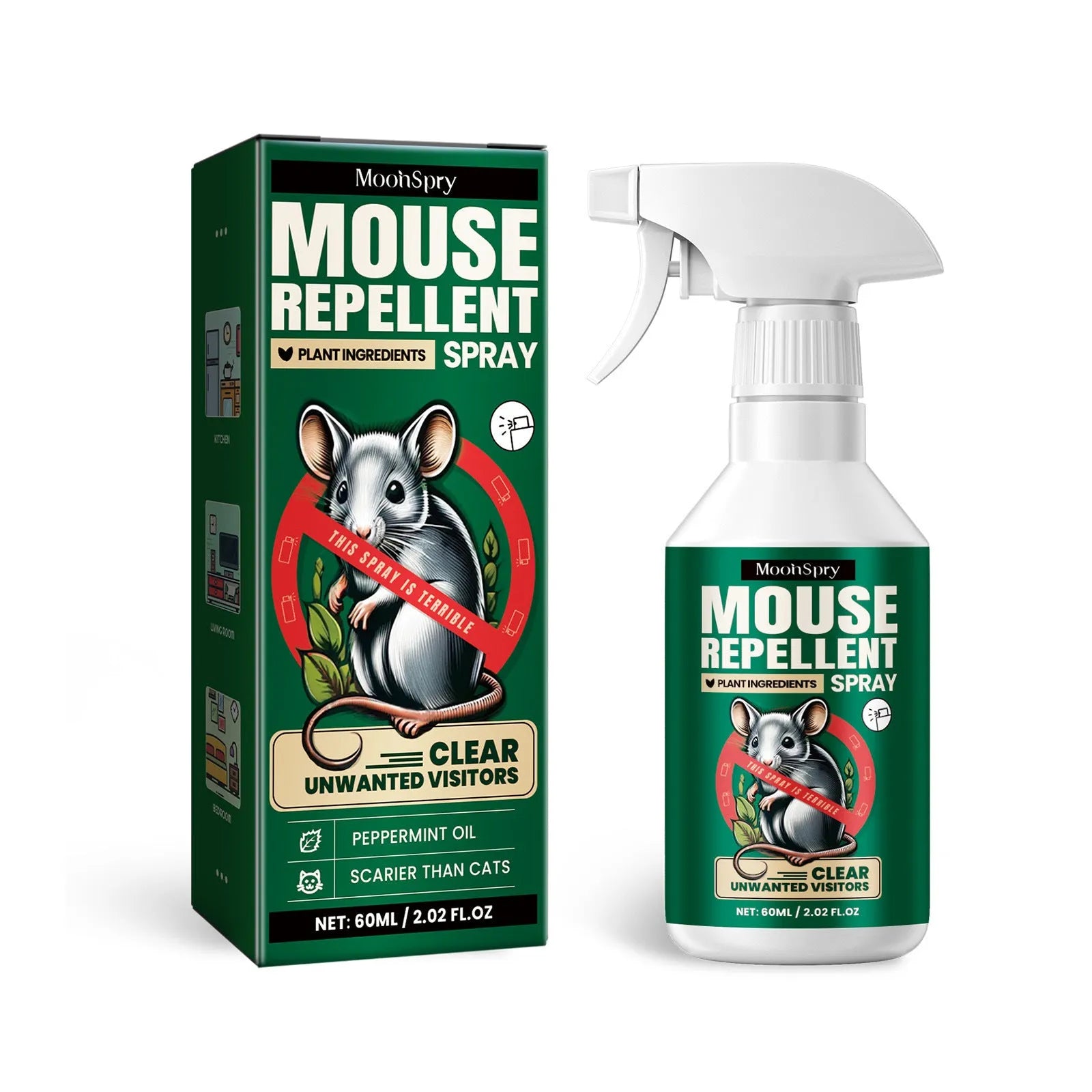 Natural rat repellent spray bottle with essential oil formula for home and car rodent protection