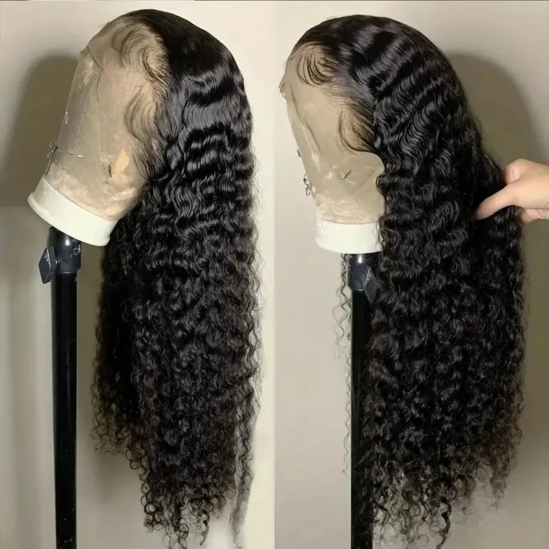 Long curly synthetic lace wig in afro style with side bangs, shown in a dark colour.