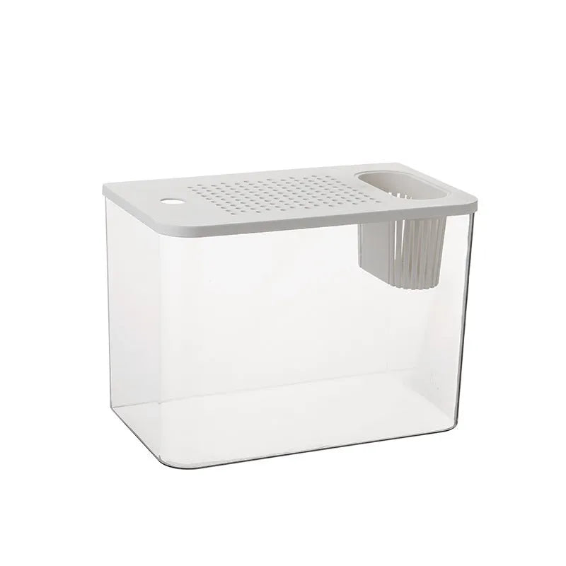 Medium black ecological betta fish tank with cover on a desk.