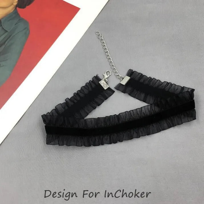 Alloy velvet ruffled flower pendant necklace on snake bones chain in three colour options