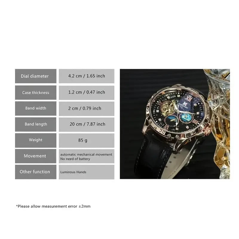Men's automatic mechanical watch with black hollow dial and rose gold case on a leather strap.
