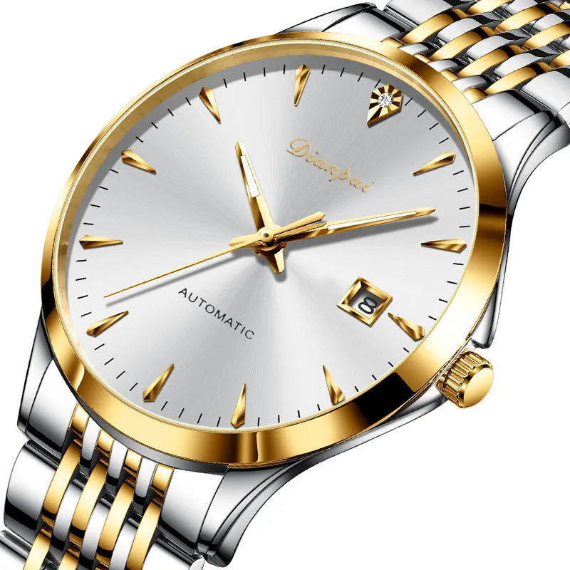 Men's simple dial automatic watch with stainless steel bracelet and case, showing a gold and black colour variant.