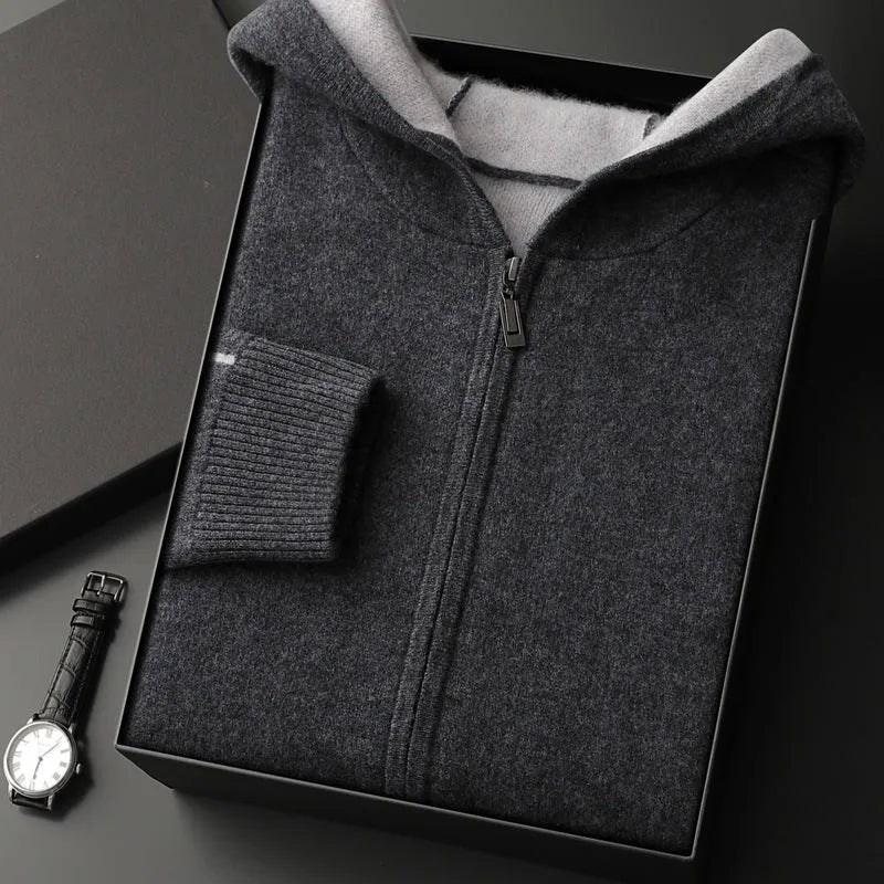 Men's dark blue cashmere cardigan sweater with half-high collar and zipper front in thickened construction
