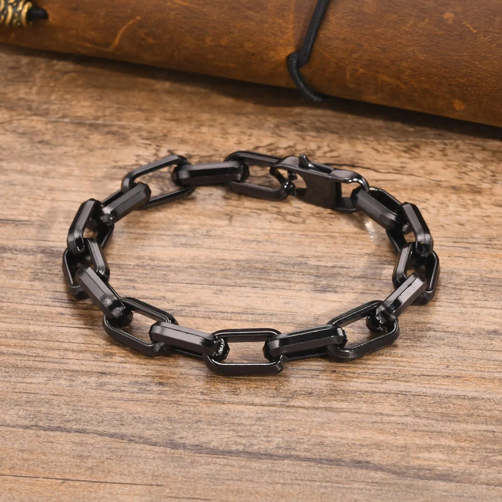 Men's stainless steel bracelet with square chain links in steel, gold, black, or retro colour.