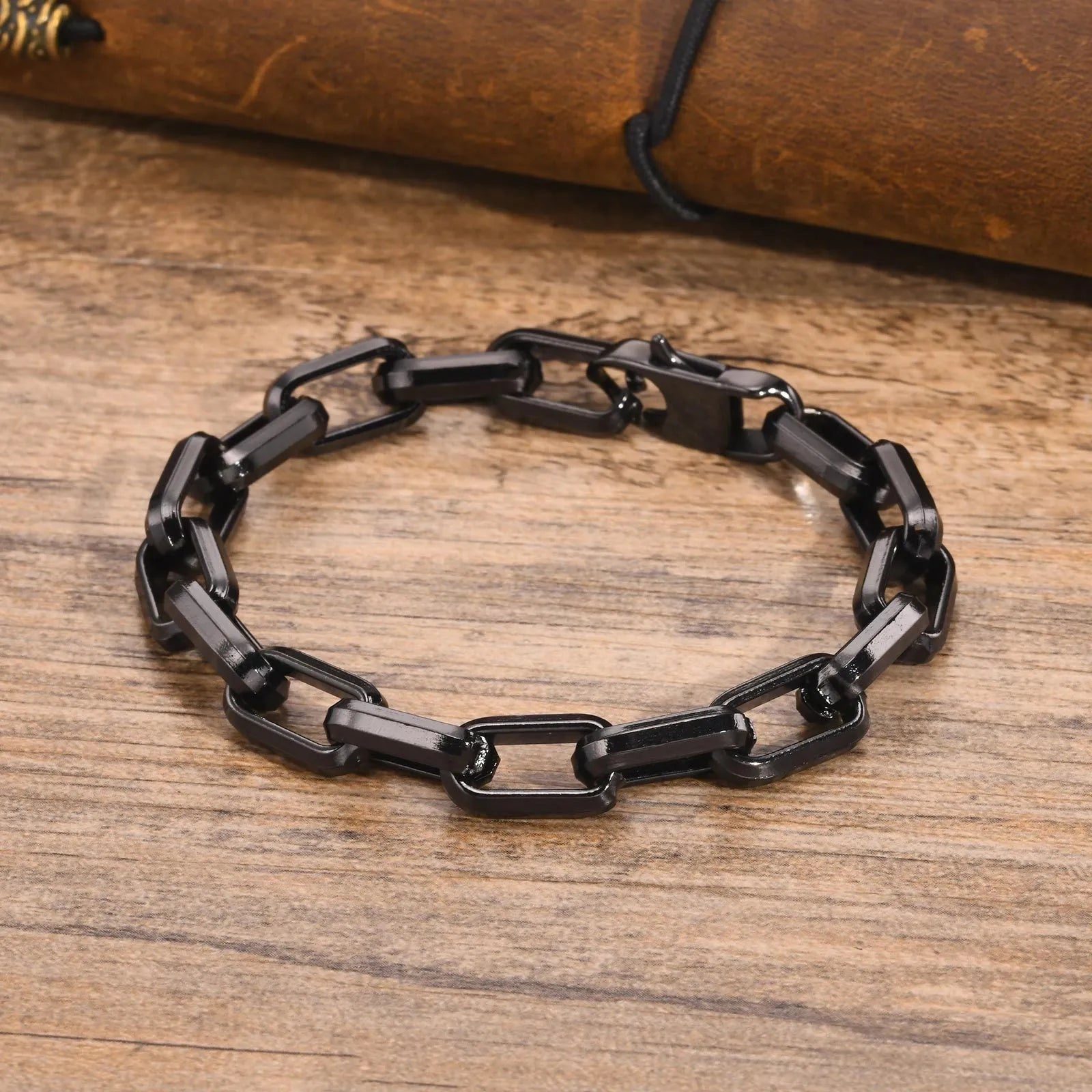 Men's stainless steel bracelet with square chain links in steel, gold, black, or retro colour.