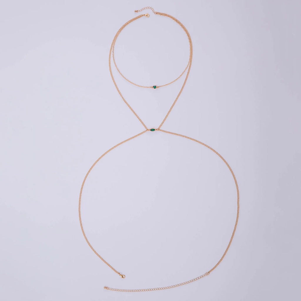 Men's simple gold-toned alloy body chain necklace with electroplated 25729 gold finish on a plain background.