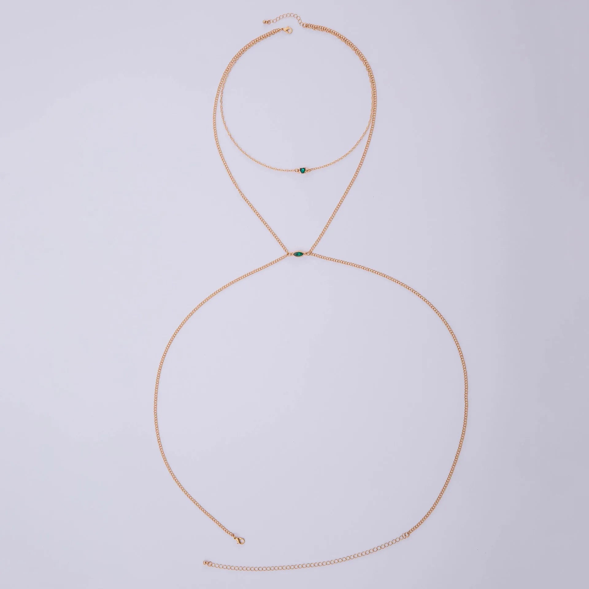 Men's simple gold-toned alloy body chain necklace with electroplated 25729 gold finish on a plain background.