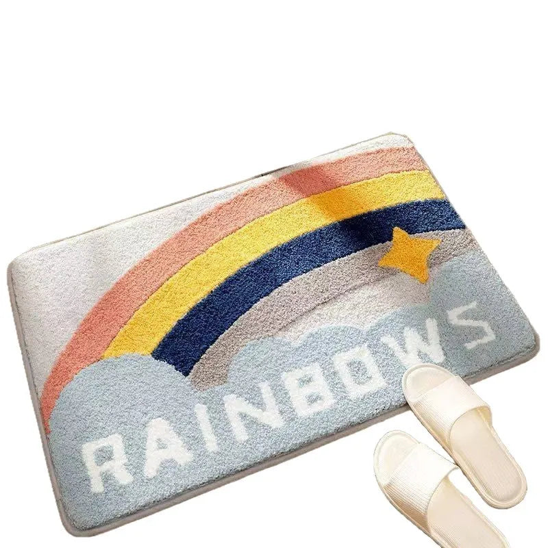 Square cashmere carpet floor mat with rainbow pattern in Sky Sea colour and plastic bottom.
