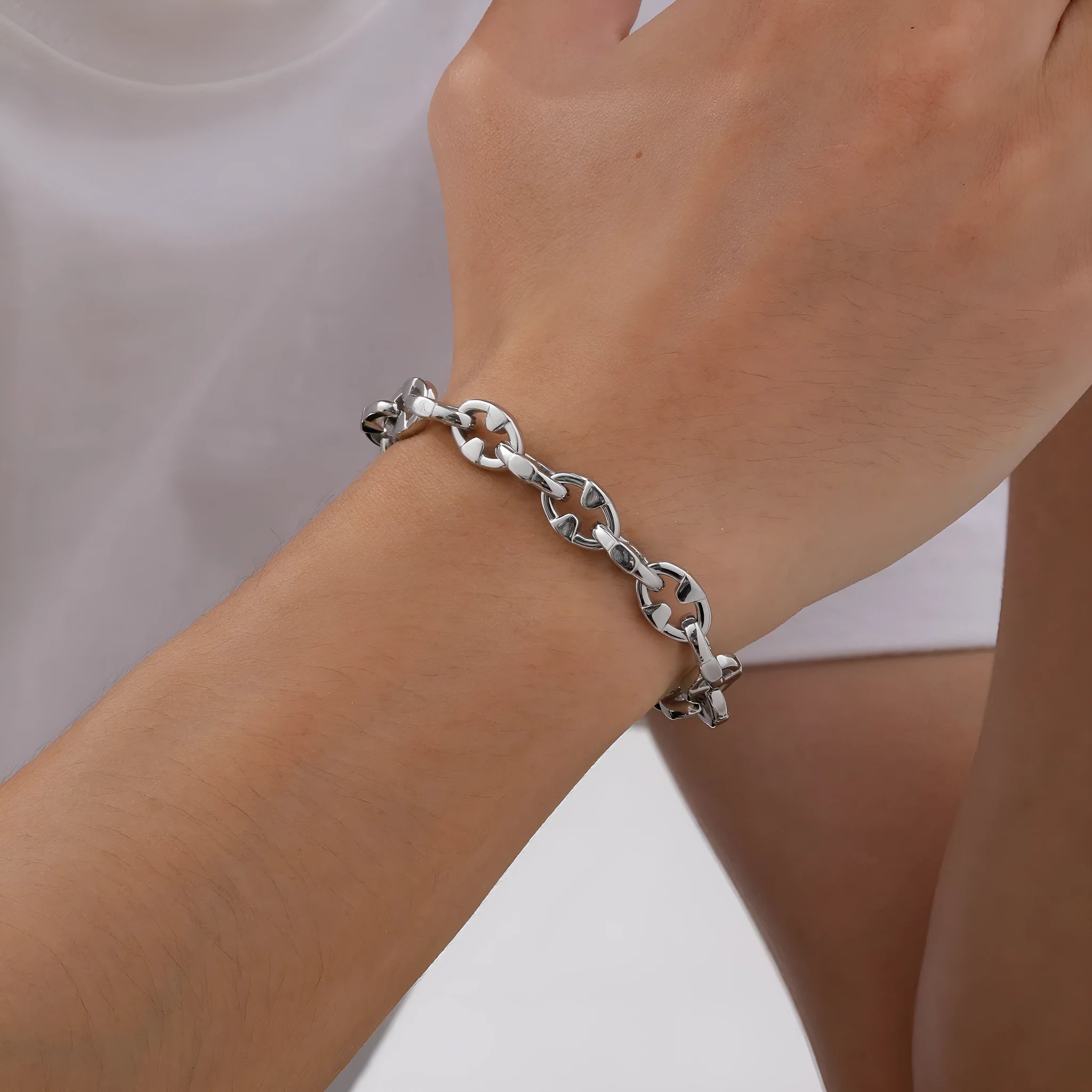 Handmade stainless steel thick geometric chain bracelet in steel colour, a unisex hip hop fashion accessory