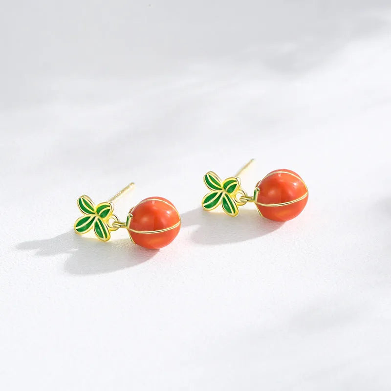 Sterling silver stud earrings with lucky persimmon fruit design in New Chinese style