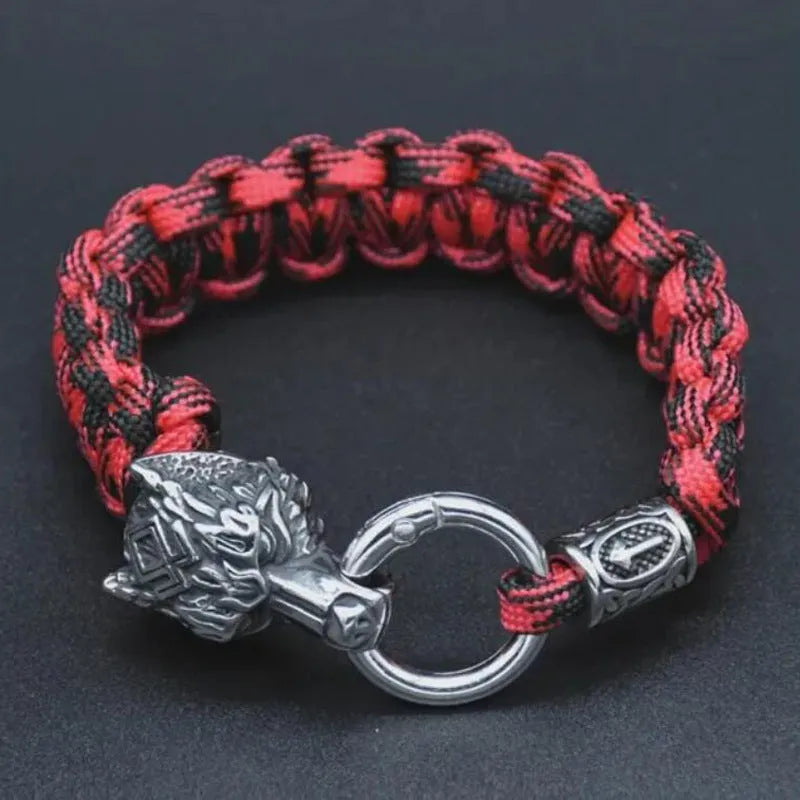 Polished stainless steel wolf head bracelet with camouflage colour finish showing detailed animal modelling