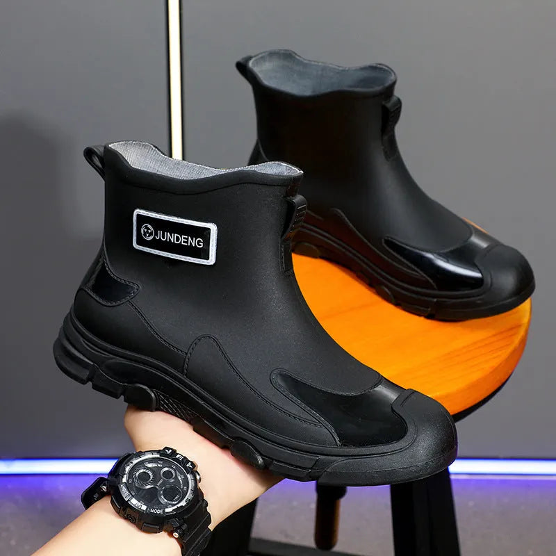 Korean style PVC waterproof boots with low tube design and integrated moulded sole in black colour