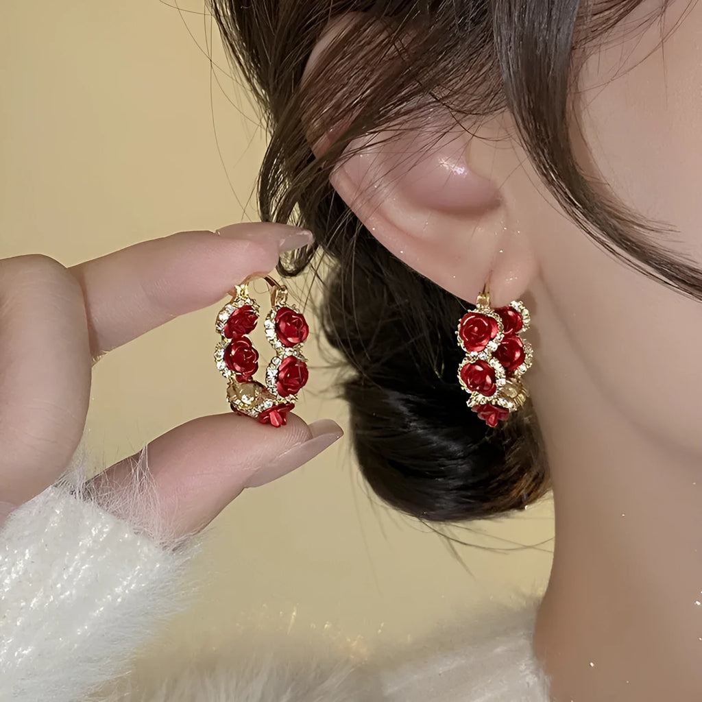 Red flower alloy ear clips with rose design elements for women's jewellery