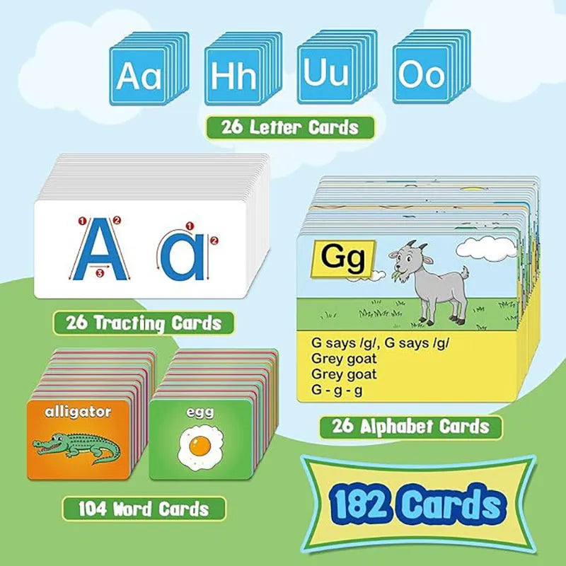 Large alphabet learning chart with word cards, letter cards, and picture cards for home education.