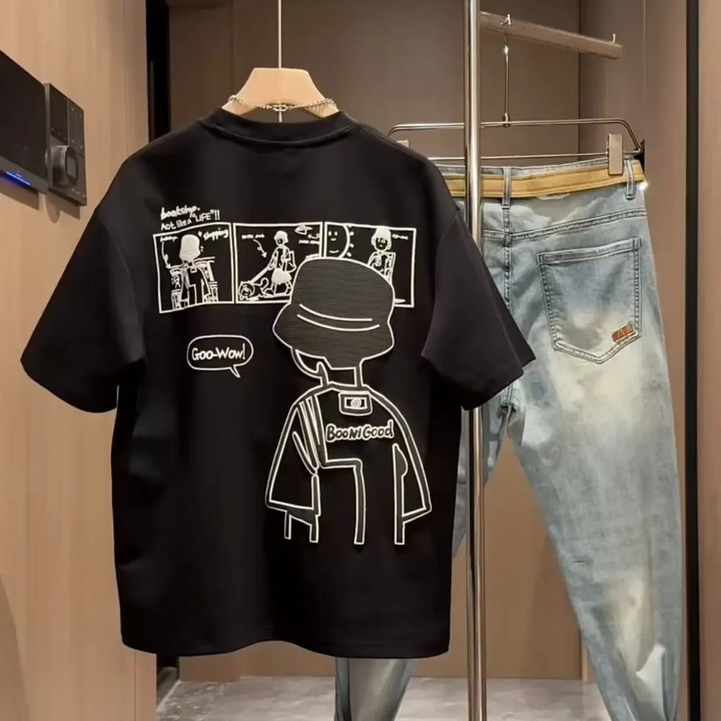 Men's black and white cotton short sleeve crew neck t-shirt on a hanger