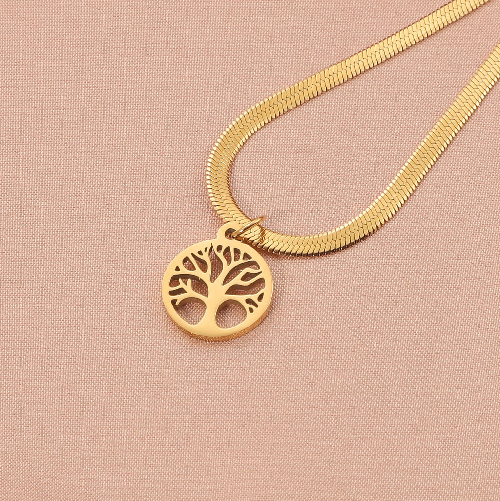 Stainless steel tree pendant necklace with snake bones chain in gold colour