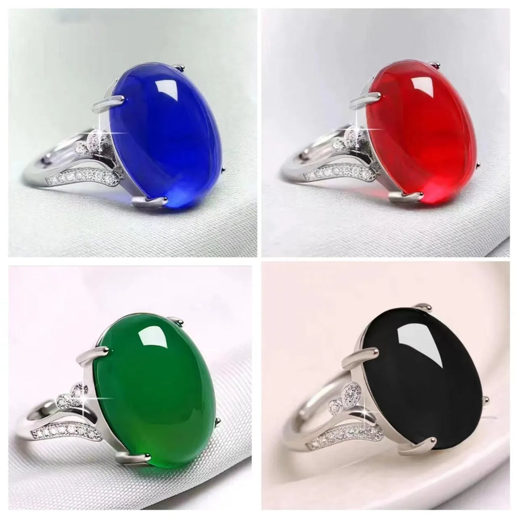 Adjustable geometric ethnic ring with a natural sapphire stone in alloy, shown in multiple colours.