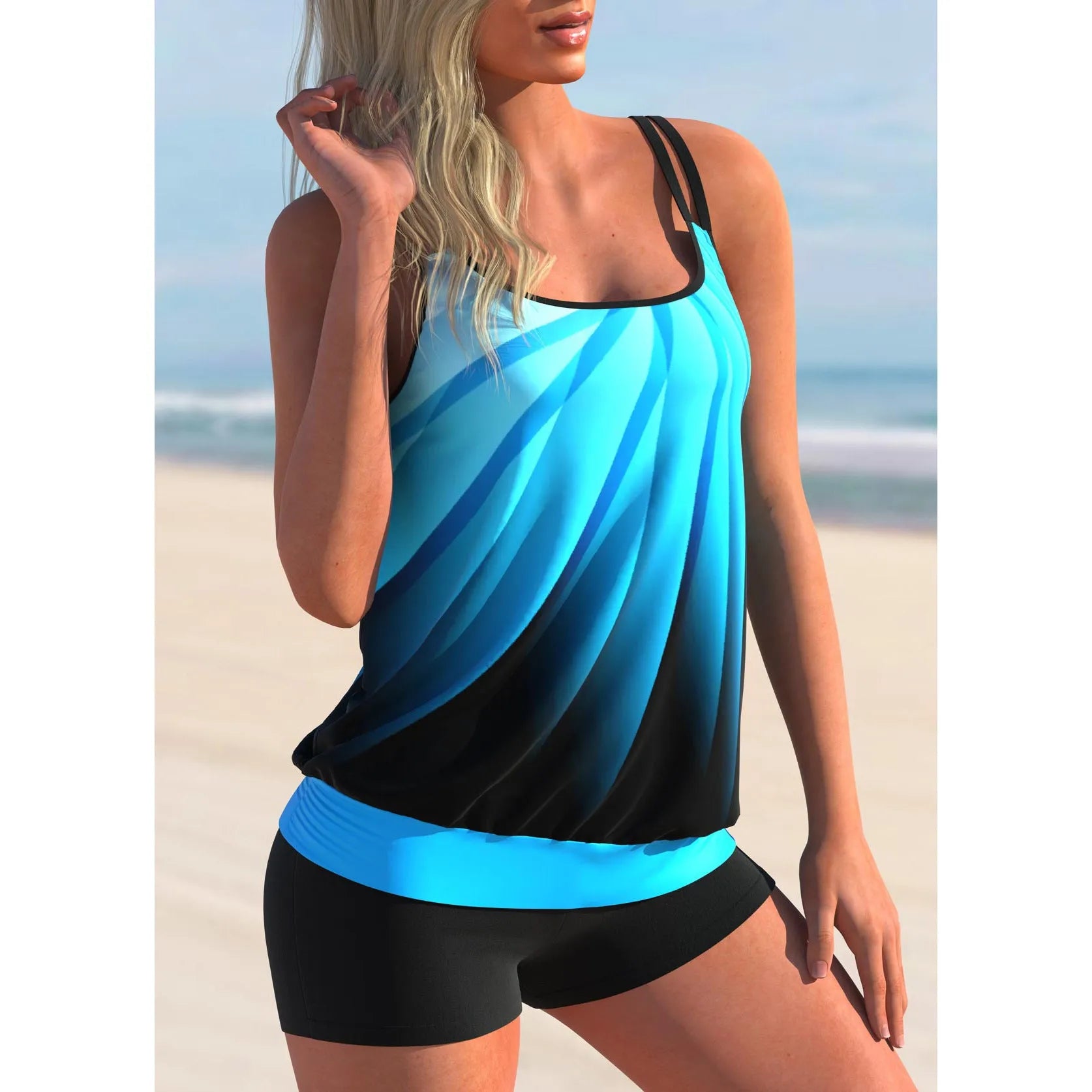 Plus size women's swimsuit with printed butterfly strap top and matching conservative beach shorts