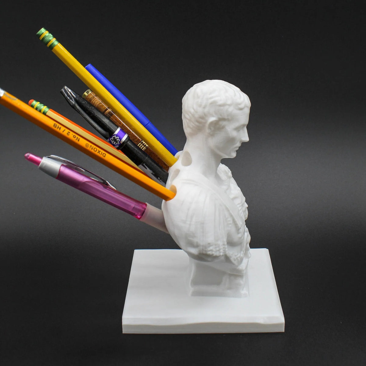White synthetic resin statue pen holder, file basket desk tidy holding up to 15 pens
