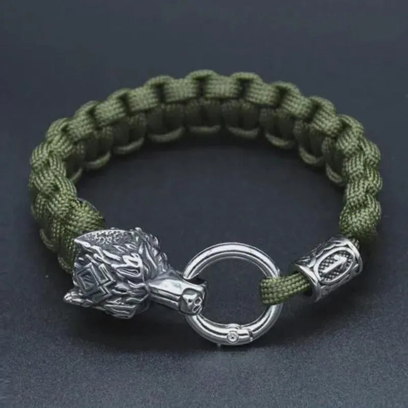Polished stainless steel wolf head bracelet with camouflage colour finish showing detailed animal modelling