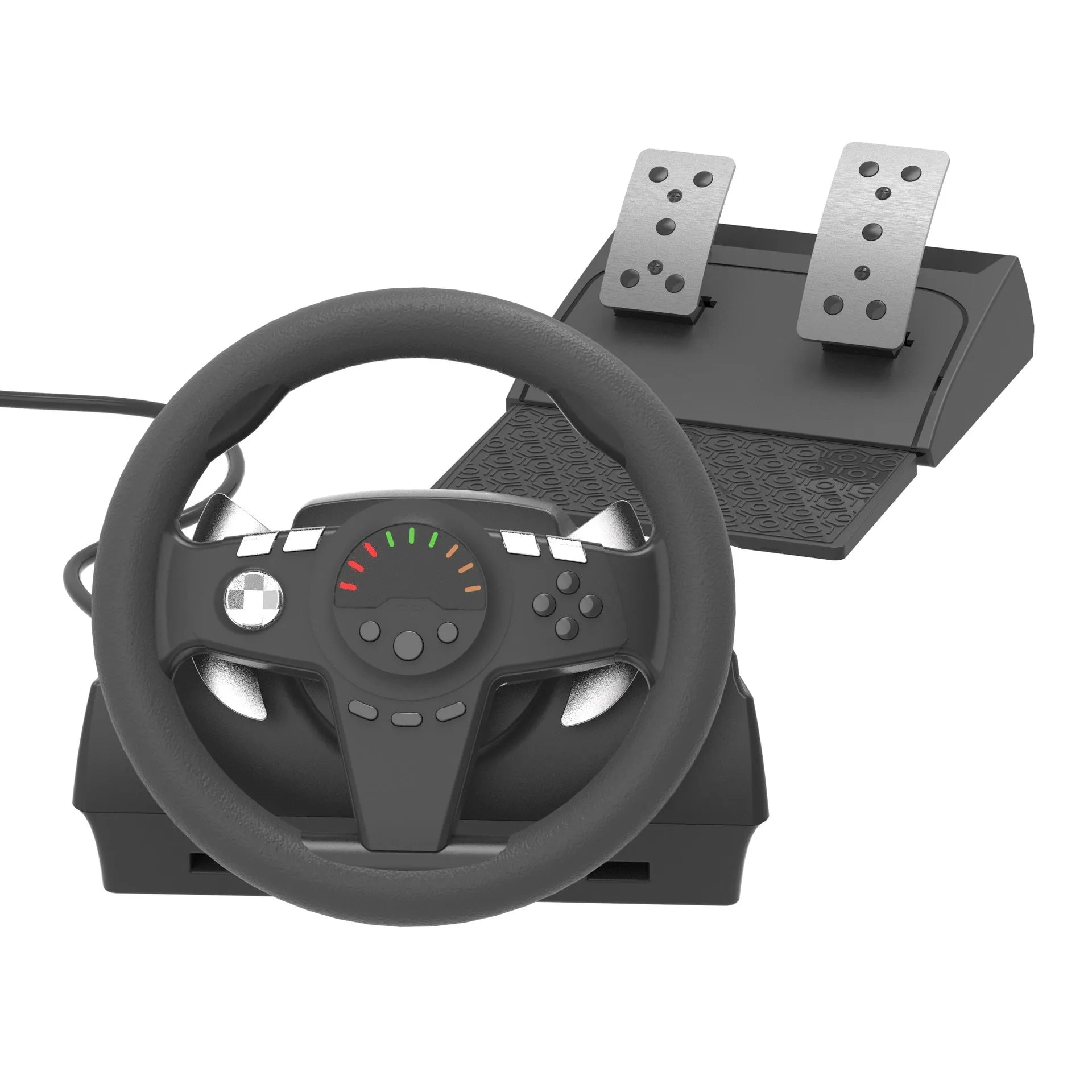 Black multi-platform gaming steering wheel with two pedals, vibration feedback and LED display