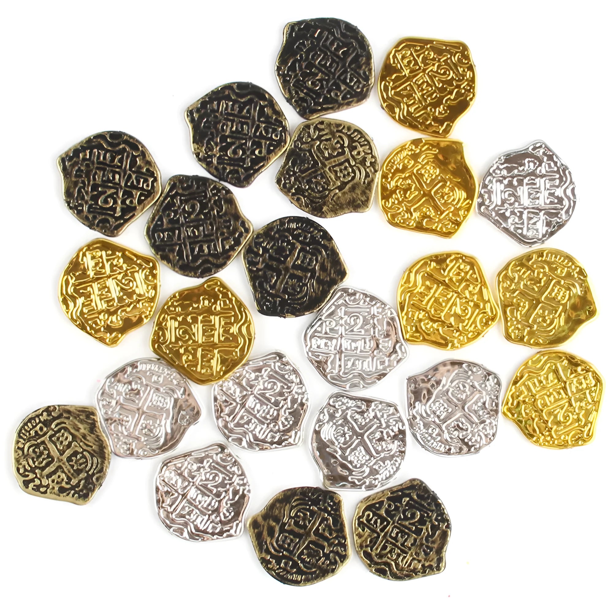 One hundred plastic replica Roman coins with metallic gold, silver or bronze electroplated finish