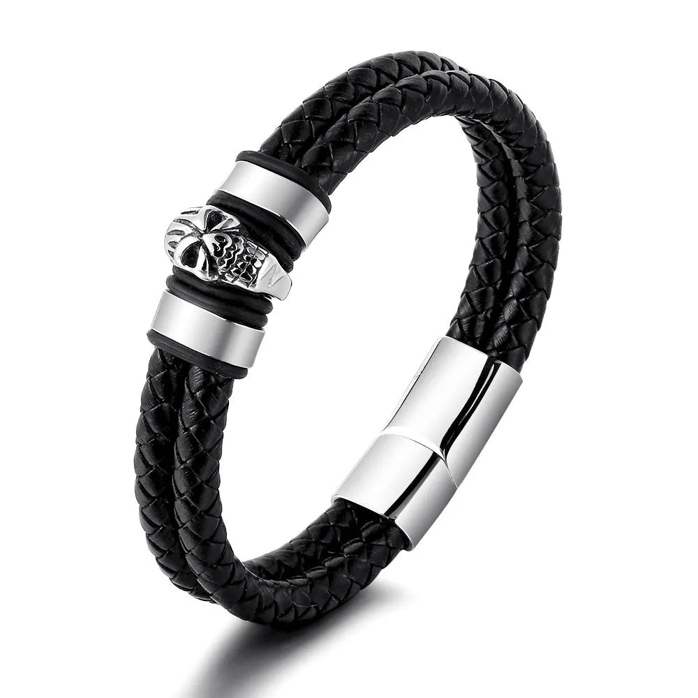 Silver titanium steel skull bracelet for men with geometric ornament in vintage punk style