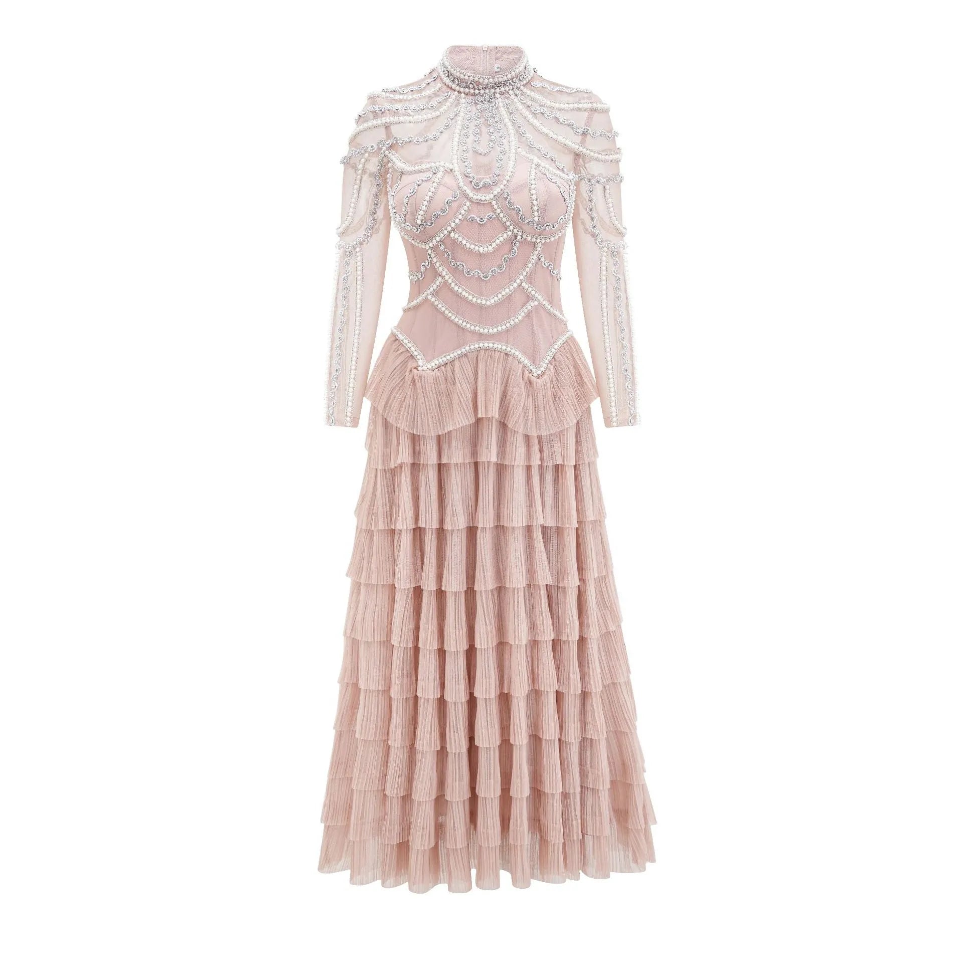 Women's long sleeve beaded dress in polyester with mid waist and long skirt design