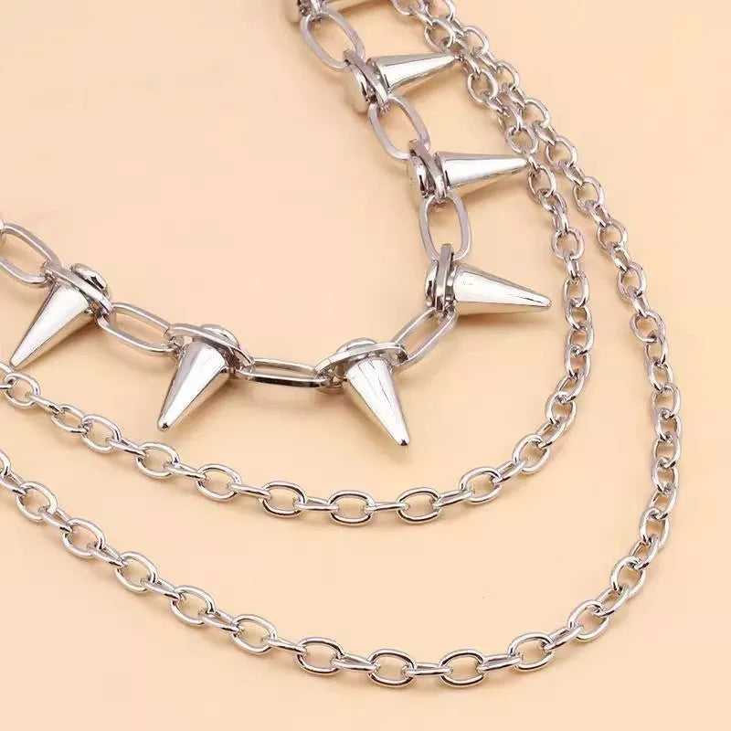 Silver punk pants chain with rivet detailing and zipper fastening, 115cm length