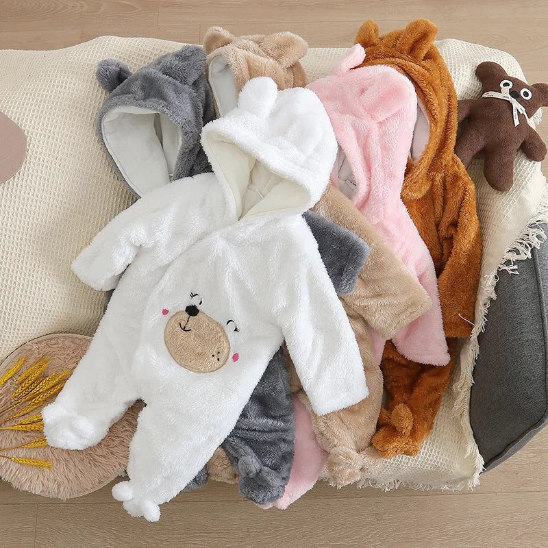 Cartoon bear velvet romper thickened long sleeve baby jumpsuit in white, khaki, pink, or gray