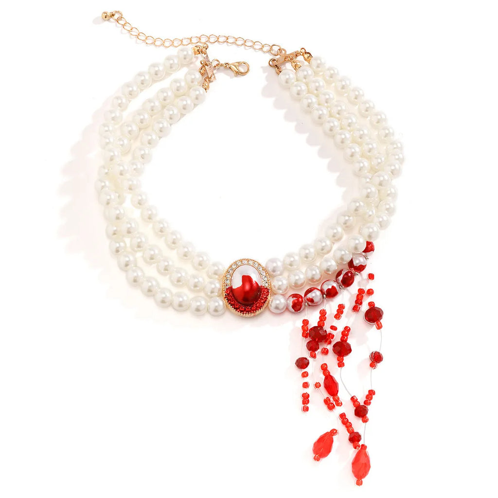 Halloween pearl collar necklace set with U-shaped design, matching bracelet, and stud earrings in gold finishes