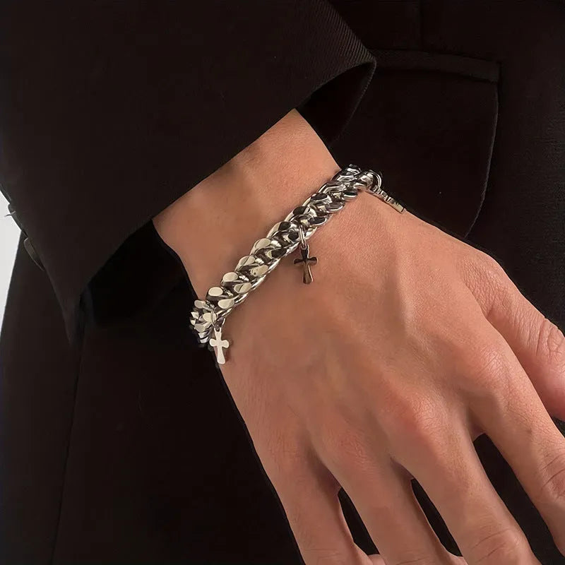 Men's titanium steel bracelet with geometric cross design in minimalist cold wind style