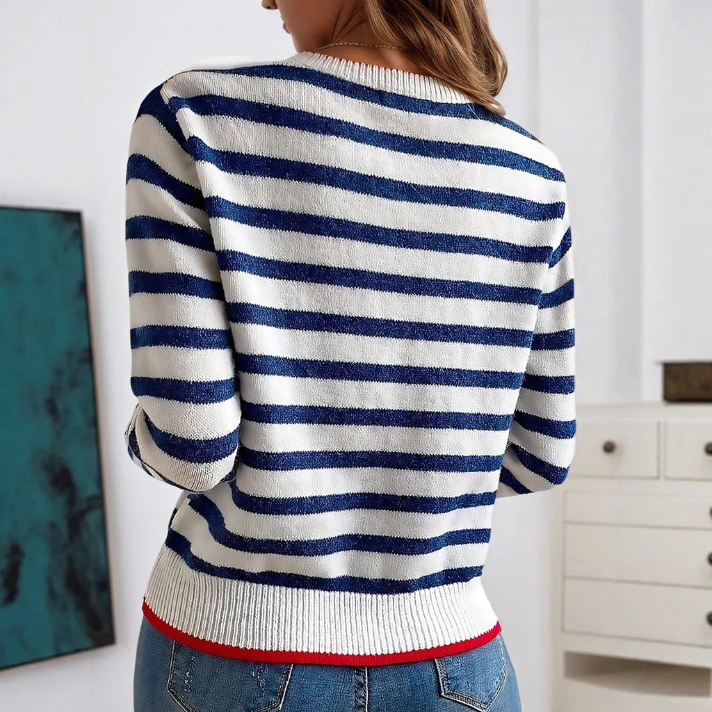 Sapphire blue striped knitted pullover sweater with round neck and long sleeves