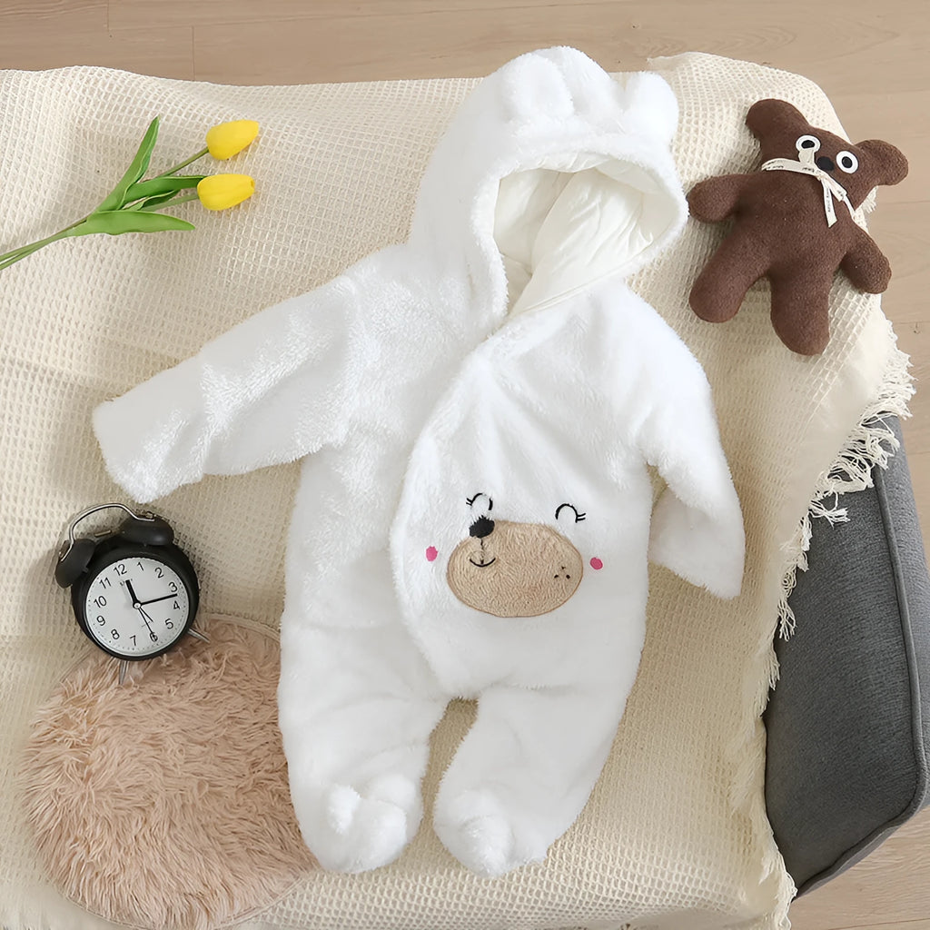 Cartoon bear velvet romper thickened long sleeve baby jumpsuit in white, khaki, pink, or gray