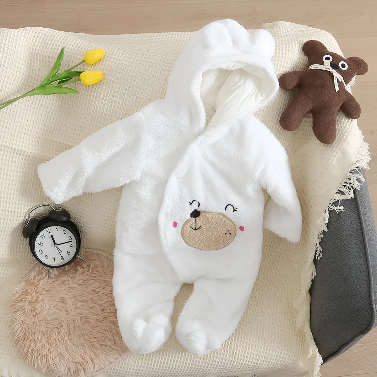 Cartoon bear velvet romper thickened long sleeve baby jumpsuit in white, khaki, pink, or gray