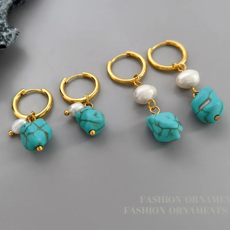 Irregular turquoise and cultured pearl earrings with geometric copper settings in both dangle and stud styles