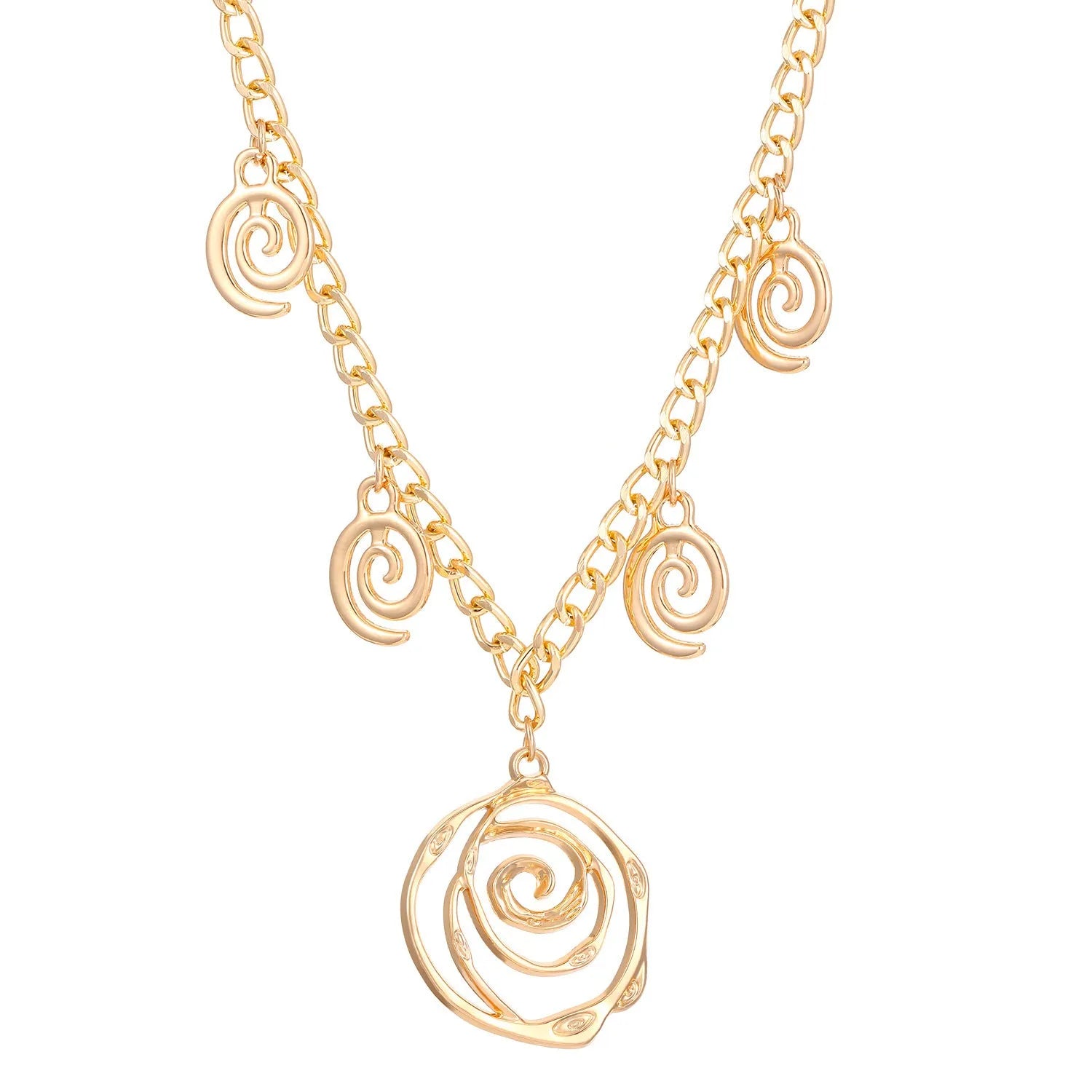Geometric spiral donut jewellery set showing necklace, bracelet, and earrings in gold electroplated finish