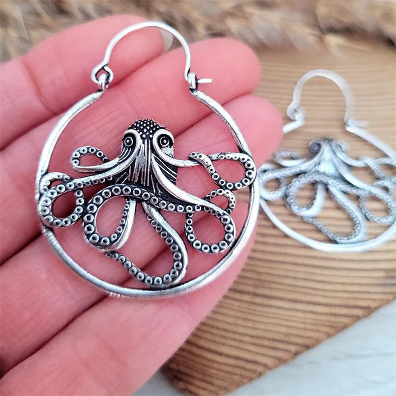 Vintage antique silver octopus earrings with retro styling and zinc alloy construction