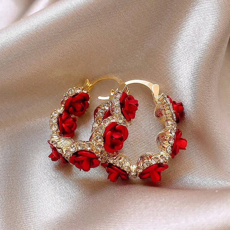 Red flower alloy ear clips with rose design elements for women's jewellery