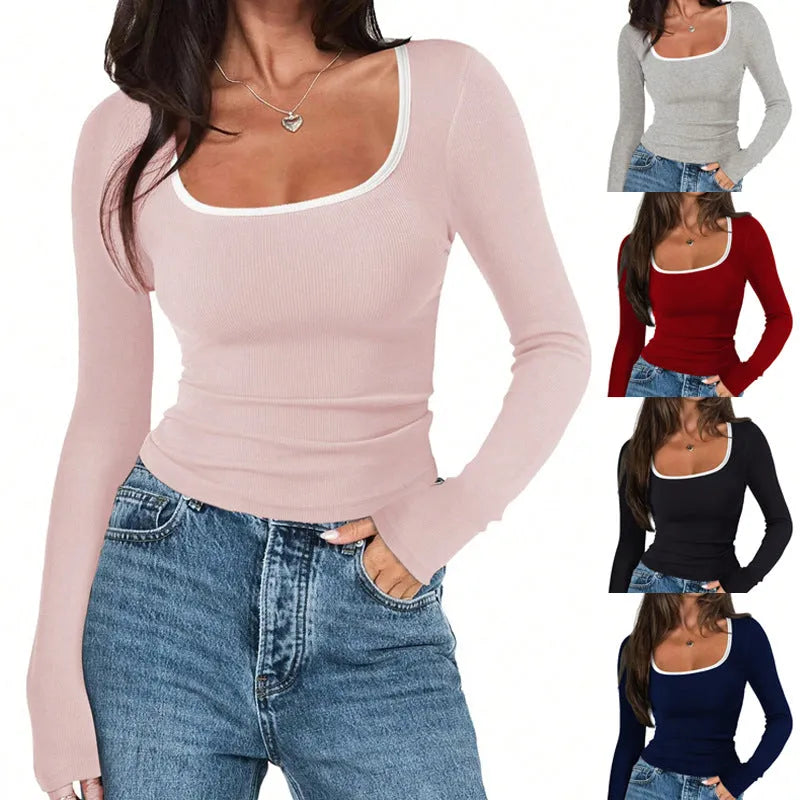 Women's light grey cotton square collar slim fit long sleeve top on a hanger.